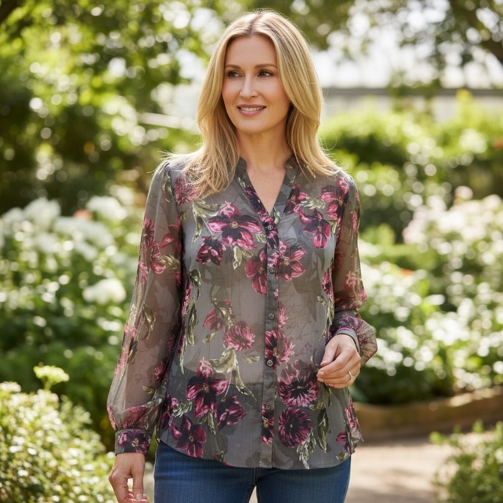 KUT from the Kloth Floral Sheer Button Down Blouse Grey Pink Burgundy Medium